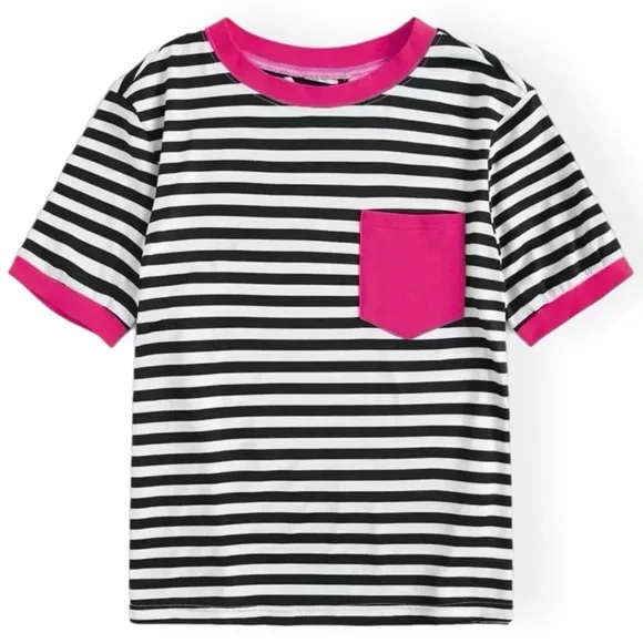 New Striped Hot Pink Patch Pocket Easy Wear Ringer Tee Shirt - Women’s Small (4) - Picture 2 of 5